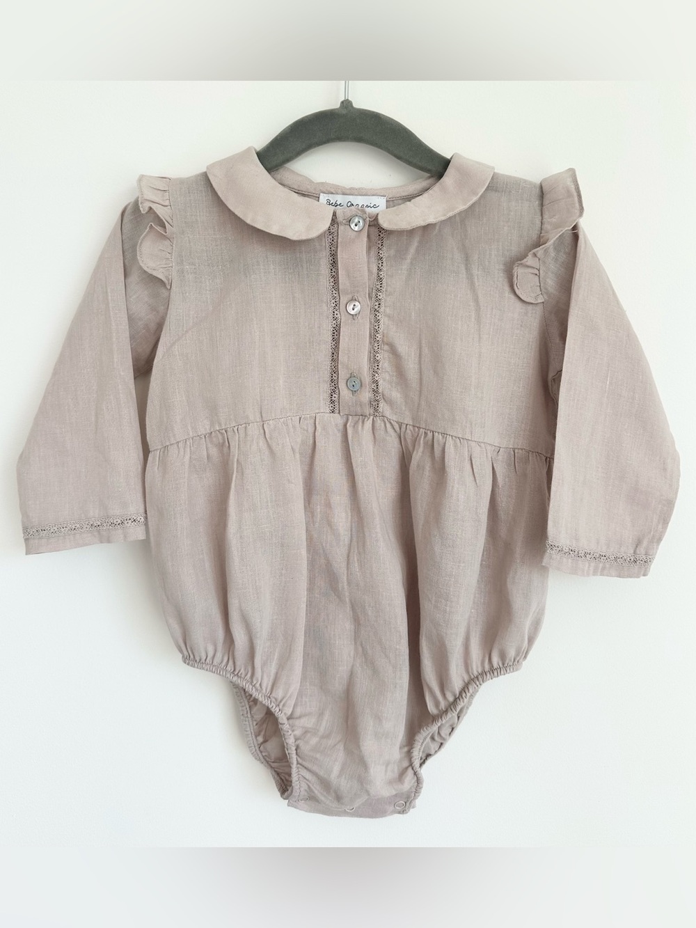 Like New! BEBE ORGANIC Girls Beige Long Sleeve Romper Size